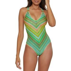 New Becca Womens Medium Scoop Neck Back Tie Striped Polka Dot One Piece Swimsuit